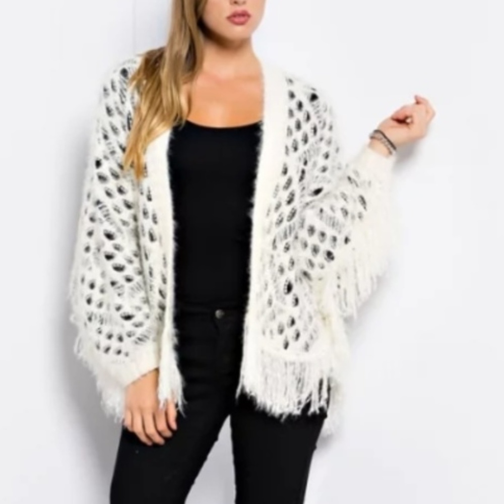 IVORY & BLACK fuzzy knit CARDIGAN - Picture 3 of 4
